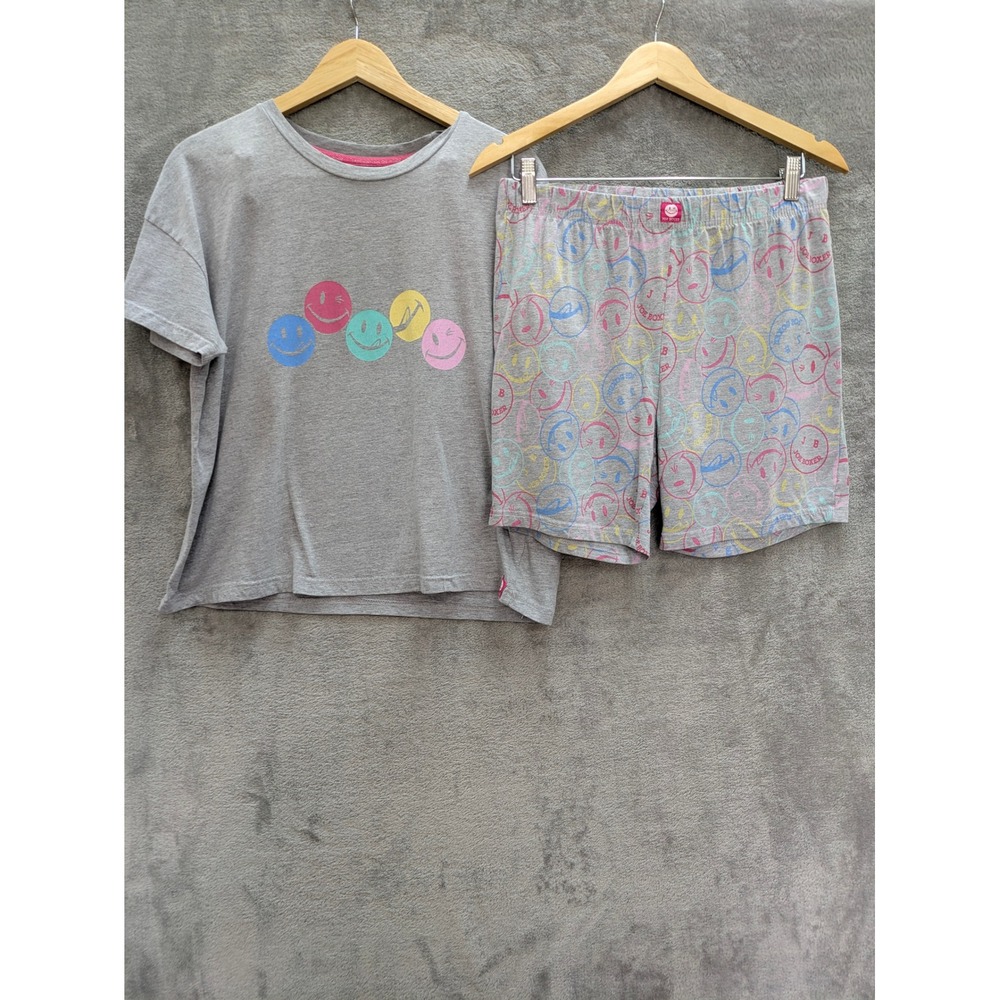 Y2K Smiley Face Pajama Set Womens Large Gray Joe Boxer Short Sleeve Tee Shorts